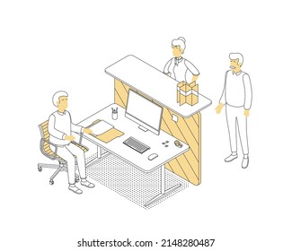 Isometric office with working people. Vector illustration flat design isolated. Male and female characters. Office and casual clothes. Outline, linear style, line art. Desk, chair, computer.