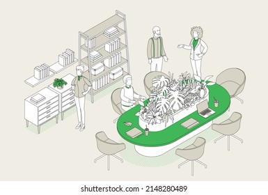 Isometric office with working people. Vector illustration flat design isolated. Male and female characters. Office and casual clothes. Outline, linear style, line art. Conference room, meeting, laptop