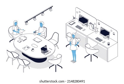 Oficina isométrica con trabajadores. Diseño plano de ilustración vectorial aislado. Personajes masculinos y femeninos. Ropa de oficina y ropa informal. Esbozo, estilo lineal, arte de línea. Sala de conferencias, reunión, laptop