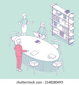 Isometric office with working people. Vector illustration flat design isolated. Male and female characters. Office and casual clothes. Outline, linear style, line art. Conference room, meeting, laptop