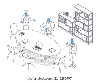 Isometric office with working people. Vector illustration flat design isolated. Male and female characters. Office and casual clothes. Outline, linear style, line art. Conference room, meeting, laptop
