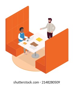 Isometric office with working people. Vector illustration flat design isolated. Male and female characters. Office and casual clothes. Workspace, coworking, meeting.