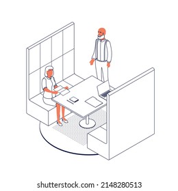 Isometric office with working people. Vector illustration flat design isolated. Male and female characters. Office and casual clothes. Outline, linear style, line art. Workspace, coworking, meeting.