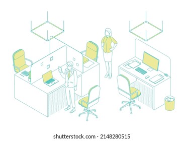 Isometric office with working people. Vector illustration flat design isolated. Male and female characters. Office and casual clothes. Outline, linear style, line art. Desk, chair, computer.