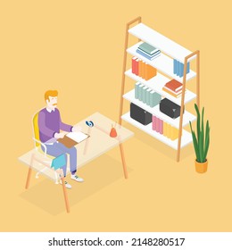 Isometric office with working people. Vector illustration flat design isolated. Male and female characters. Office and casual clothes. Desk, chair, computer, office space.