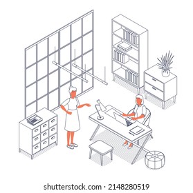 Isometric office with working people. Vector illustration flat design isolated. Male and female characters. Office and casual clothes. Outline, linear style, line art. Desk, chair, computer.