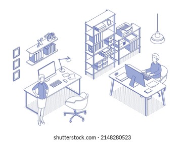 Isometric office with working people. Vector illustration flat design isolated. Male and female characters. Office and casual clothes. Outline, linear style, line art. Desk, chair, computer.