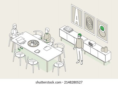 Isometric office with working people. Vector illustration flat design isolated. Male and female characters. Office and casual clothes. Outline, linear style, line art. Conference room, meeting, laptop