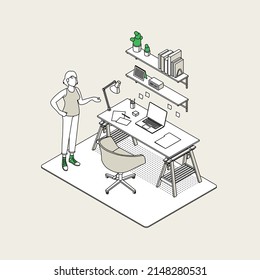 Isometric office with working people. Vector illustration flat design isolated. Male and female characters. Office and casual clothes. Outline, linear style, line art. Desk, chair, computer.