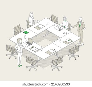 Isometric office with working people. Vector illustration flat design isolated. Male and female characters. Office and casual clothes. Outline, linear style, line art. Conference room, meeting, laptop