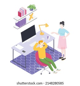Isometric office with working people. Vector illustration flat design isolated. Male and female characters. Office and casual clothes. Desk, chair, computer, office space.