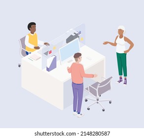 Isometric office with working people. Vector illustration flat design isolated. Male and female characters. Office and casual clothes. Desk, chair, computer, office space.