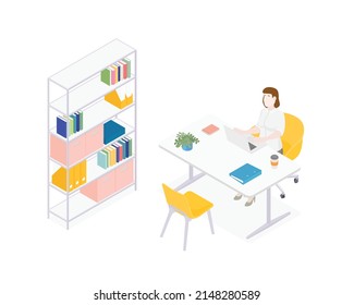Isometric office with working people. Vector illustration flat design isolated. Male and female characters. Office and casual clothes. Desk, chair, computer, office space.