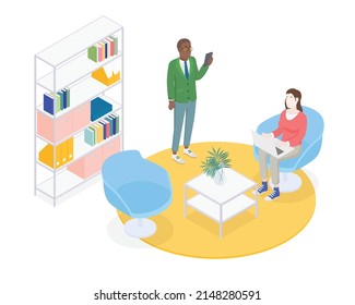 Isometric office with working people. Vector illustration flat design isolated. Male and female characters. Office and casual clothes. Workspace, coworking, meeting.