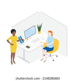 Isometric office with working people. Vector illustration flat design isolated. Male and female characters. Office and casual clothes. Desk, chair, computer, office space.
