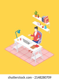 Isometric office with working people. Vector illustration flat design isolated. Male and female characters. Office and casual clothes. Desk, chair, computer, office space.