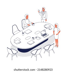 Isometric office with working people. Vector illustration flat design isolated. Male and female characters. Office and casual clothes. Outline, linear style, line art. Conference room, meeting, laptop