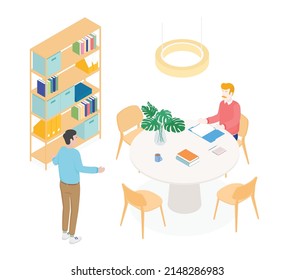 Isometric office with working people. Vector illustration flat design isolated. Male and female characters. Office and casual clothes. Workspace, coworking, meeting.