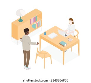 Oficina isométrica con trabajadores. Diseño plano de ilustración vectorial aislado. Personajes masculinos y femeninos. Ropa de oficina y ropa informal. Escritorio, silla, ordenador, espacio de oficinas.