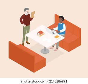 Isometric office with working people. Vector illustration flat design isolated. Male and female characters. Office and casual clothes. Workspace, coworking, meeting.
