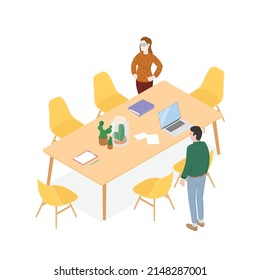 Isometric office with working people. Vector illustration flat design isolated. Male and female characters. Office and casual clothes. Conference room, meeting, laptop, corporation.
