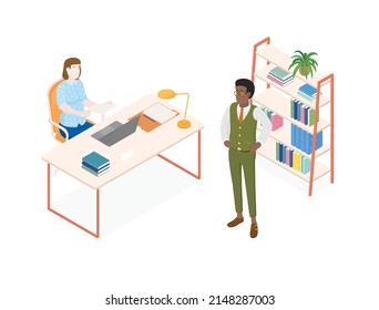 Isometric office with working people. Vector illustration flat design isolated. Male and female characters. Office and casual clothes. Desk, chair, computer, office space.