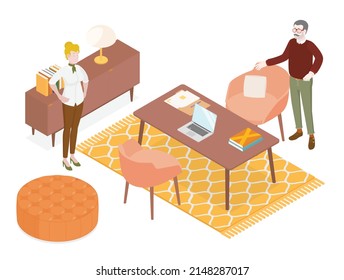 Oficina isométrica con trabajadores. Diseño plano de ilustración vectorial aislado. Personajes masculinos y femeninos. Ropa de oficina y ropa informal. Escritorio, silla, ordenador, espacio de oficinas.