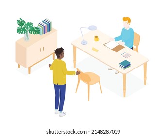 Oficina isométrica con trabajadores. Diseño plano de ilustración vectorial aislado. Personajes masculinos y femeninos. Ropa de oficina y ropa informal. Escritorio, silla, ordenador, espacio de oficinas.
