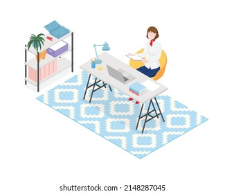 Isometric office with working people. Vector illustration flat design isolated. Male and female characters. Office and casual clothes. Desk, chair, computer, office space.