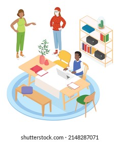 Isometric office with working people. Vector illustration flat design isolated. Male and female characters. Office and casual clothes. Workspace, coworking, meeting.