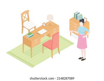 Oficina isométrica con trabajadores. Diseño plano de ilustración vectorial aislado. Personajes masculinos y femeninos. Ropa de oficina y ropa informal. Escritorio, silla, ordenador, espacio de oficinas.