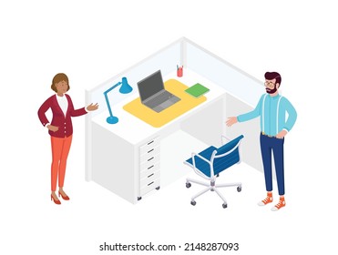 Isometric office with working people. Vector illustration flat design isolated. Male and female characters. Office and casual clothes. Desk, chair, computer, office space.