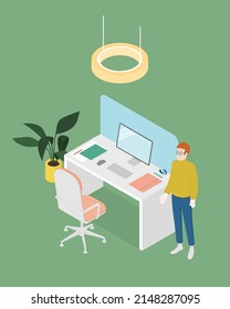 Oficina isométrica con trabajadores. Diseño plano de ilustración vectorial aislado. Personajes masculinos y femeninos. Ropa de oficina y ropa informal. Escritorio, silla, ordenador, espacio de oficinas.