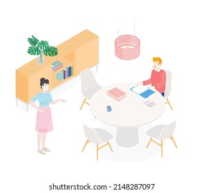 Isometric office with working people. Vector illustration flat design isolated. Male and female characters. Office and casual clothes. Workspace, coworking, meeting.