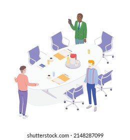 Isometrisches Büro mit arbeitenden Leuten. Vektorgrafik-Flachdesign einzeln. Männliche und weibliche Charaktere. Büro- und Freizeitkleidung. Konferenzraum, Besprechung, Laptop, Unternehmen.
