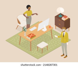 Oficina isométrica con trabajadores. Diseño plano de ilustración vectorial aislado. Personajes masculinos y femeninos. Ropa de oficina y ropa informal. Escritorio, silla, ordenador, espacio de oficinas.