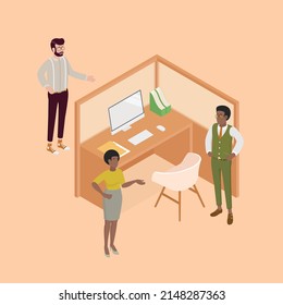 Oficina isométrica con trabajadores. Diseño plano de ilustración vectorial aislado. Personajes masculinos y femeninos. Ropa de oficina y ropa informal. Escritorio, silla, ordenador, espacio de oficinas.