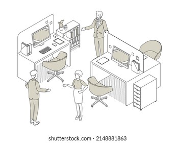 Oficina isométrica con trabajadores. Diseño plano de ilustración vectorial aislado. Personajes masculinos y femeninos. Ropa de oficina y ropa informal. Contorno, estilo lineal, línea de arte. Escritorio, silla, computadora.