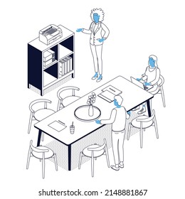 Isometric office with working people. Vector illustration flat design isolated. Male and female characters. Office and casual clothes. Outline, linear style, line art. Conference room, meeting, laptop