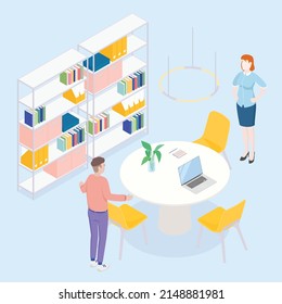 Oficina isométrica con trabajadores. Diseño plano de ilustración vectorial aislado. Personajes masculinos y femeninos. Ropa de oficina y ropa informal. Espacio de trabajo, coworking, reunión.