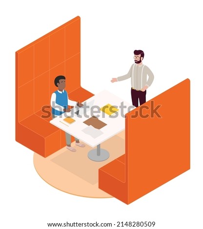 Isometric office with working people. Vector illustration flat design isolated. Male and female characters. Office and casual clothes. Workspace, coworking, meeting.