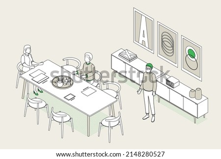 Isometric office with working people. Vector illustration flat design isolated. Male and female characters. Office and casual clothes. Outline, linear style, line art. Conference room, meeting, laptop