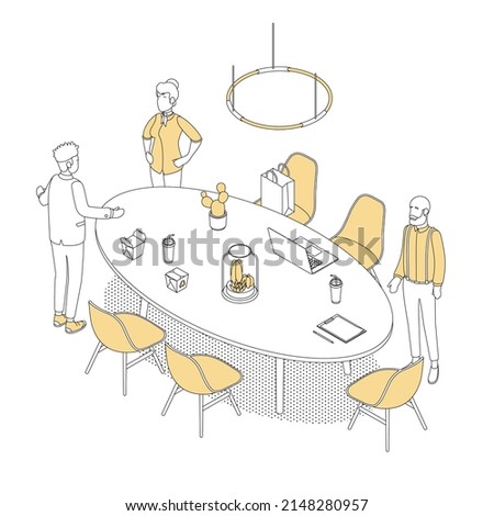 Isometric office with working people. Vector illustration flat design isolated. Male and female characters. Office and casual clothes. Outline, linear style, line art. Conference room, meeting, laptop