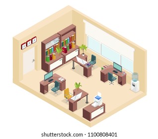 Isometric office workplace concept with tables chairs bookshelf computers printer clocks plants water cooler isolated vector illustration