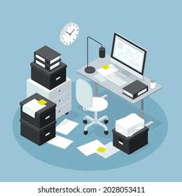 Isometric office workplace with papers storage vector illustration. Modern workspace with computer and piles of documents. Paperwork database archive. Researching, analyzing, planning