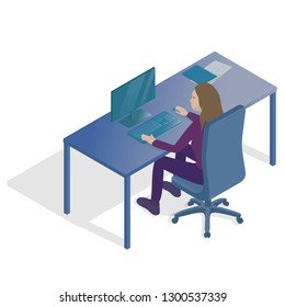 Isometric office workplace. Woman sitting at a table. Business woman freelancer