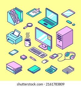 Isometric office workspace. Manager objects, colorful trendy style stationery. Computer, laptop, print and tablets. Online study or home business tidy vector set