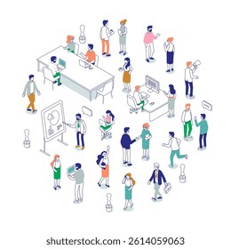Isometric office workspace with people working together. Coworking. Line art vector isometric business people characters isolated on white background.	
