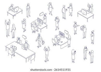 Isometric office workspace with people working together. Coworking. Line art vector isometric business people illustration.	