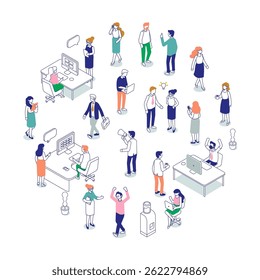 Isometric office workspace with people working together. Coworking. Line art vector isometric business people characters isolated on white background.	
